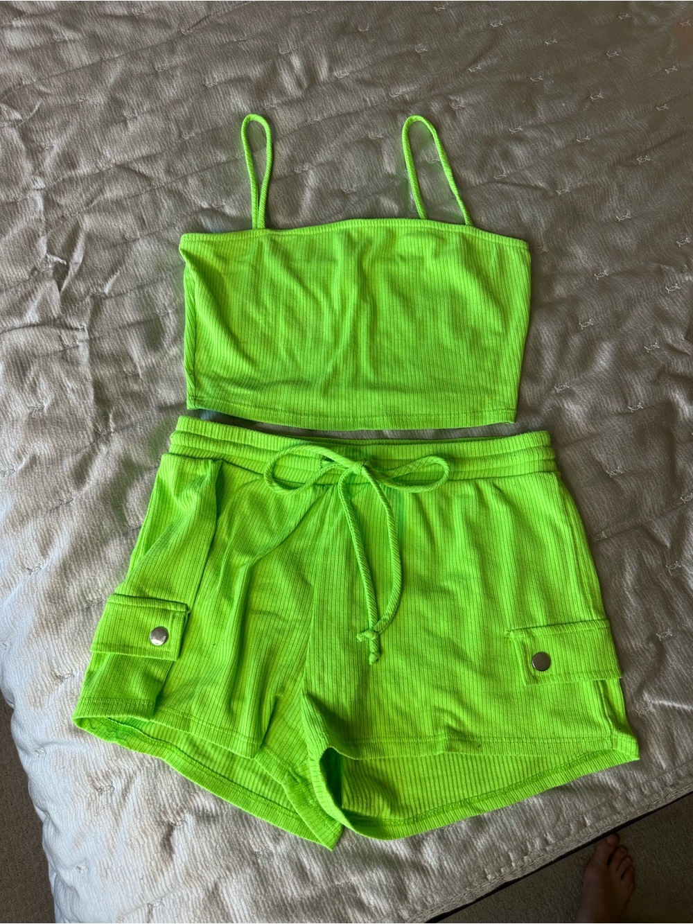 Neon Green Ribbed Women’s Drawstring Shorts - Vibrant Summer Essential